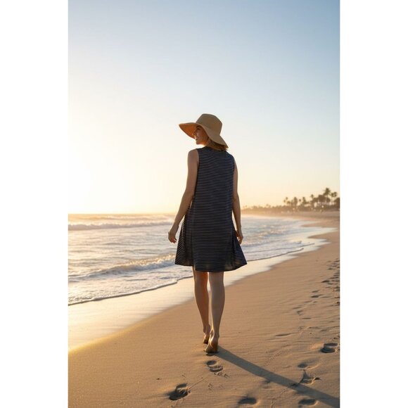 See You Monday Navy Blue & White Striped Sleeveless Trapeze Swing Dress - Picture 3 of 11